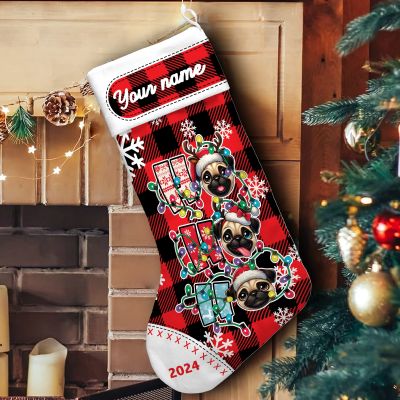 Personalized Pug Ho Ho Ho Merry Christmas Stocking Red, pug xmas gift stocking